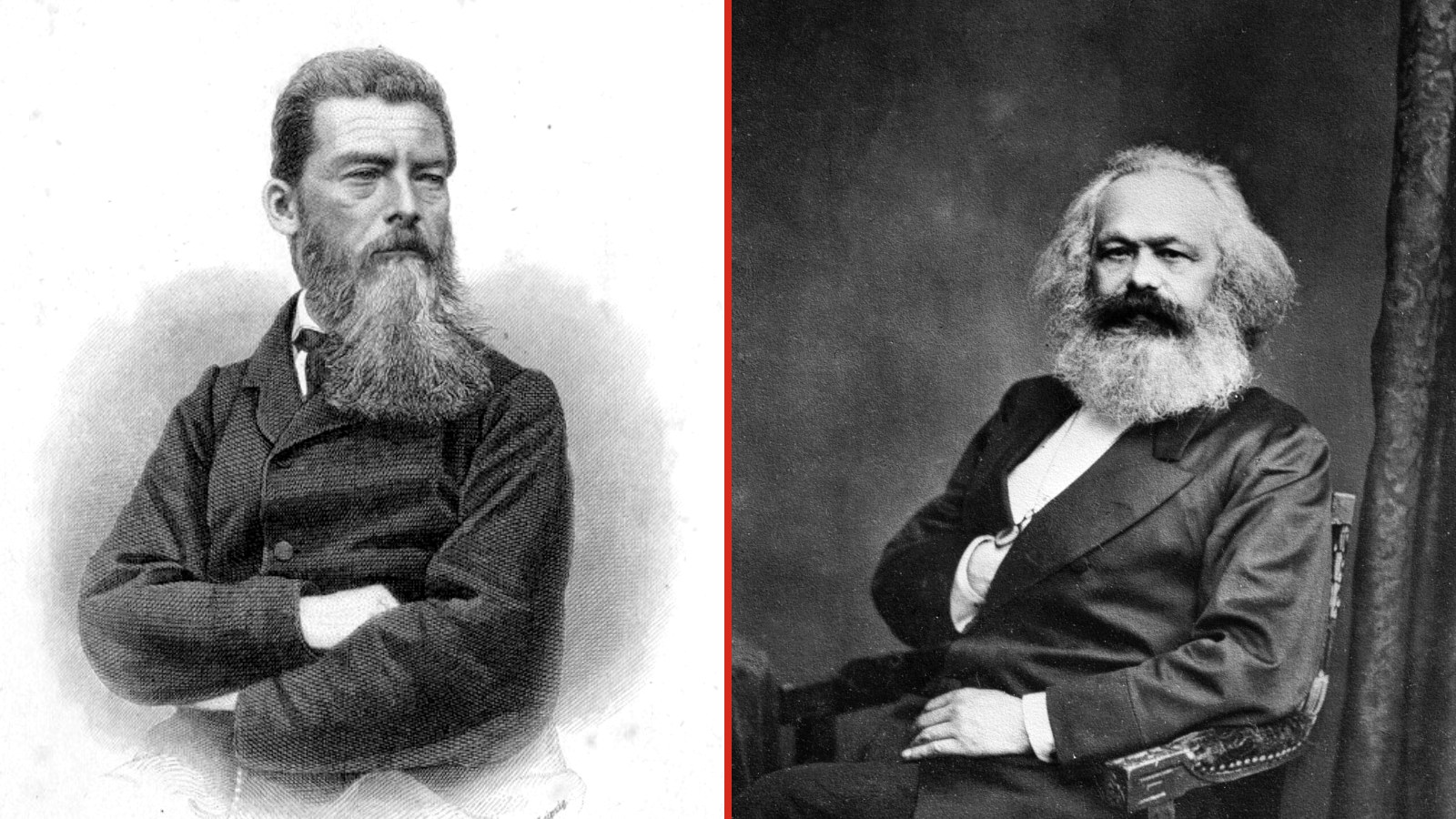 Portraits of Ludwig Feuerbach and Karl Marx side by side