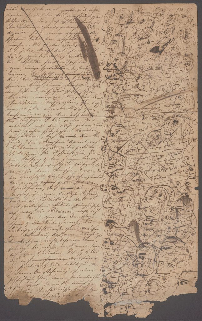 Handwritten manuscript page from The German Ideology, with Marx’s handwriting and sketches by Engels