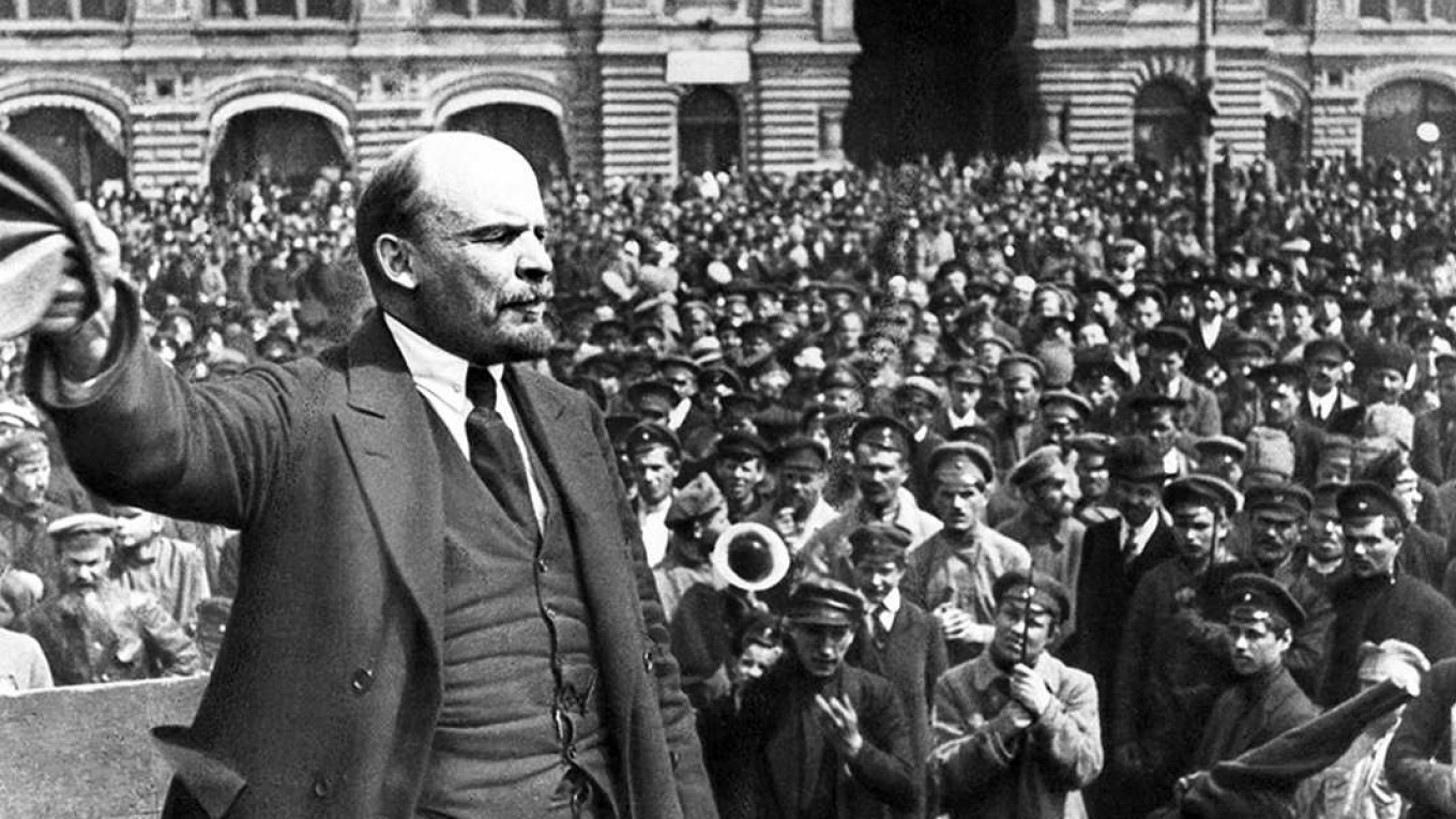 Lenin addresses a crowd in Sverdlov Square, Moscow, 5 May 1920