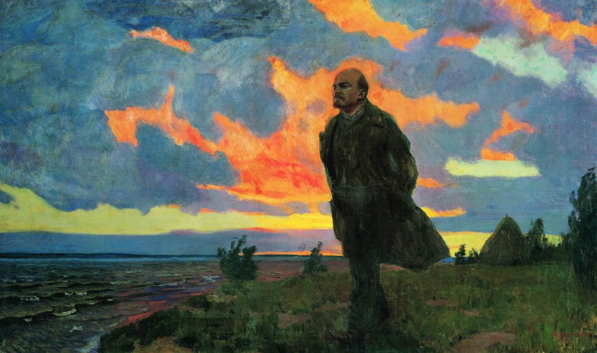 Painting of Lenin seated writing in a meadow by a lake, beside a hut of branches